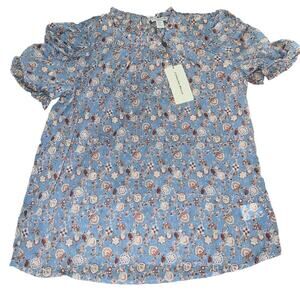 Carolina Belle Blouse Women M Blue Short Ruched Sleeve‎ Dotted Swiss Ruffle Neck